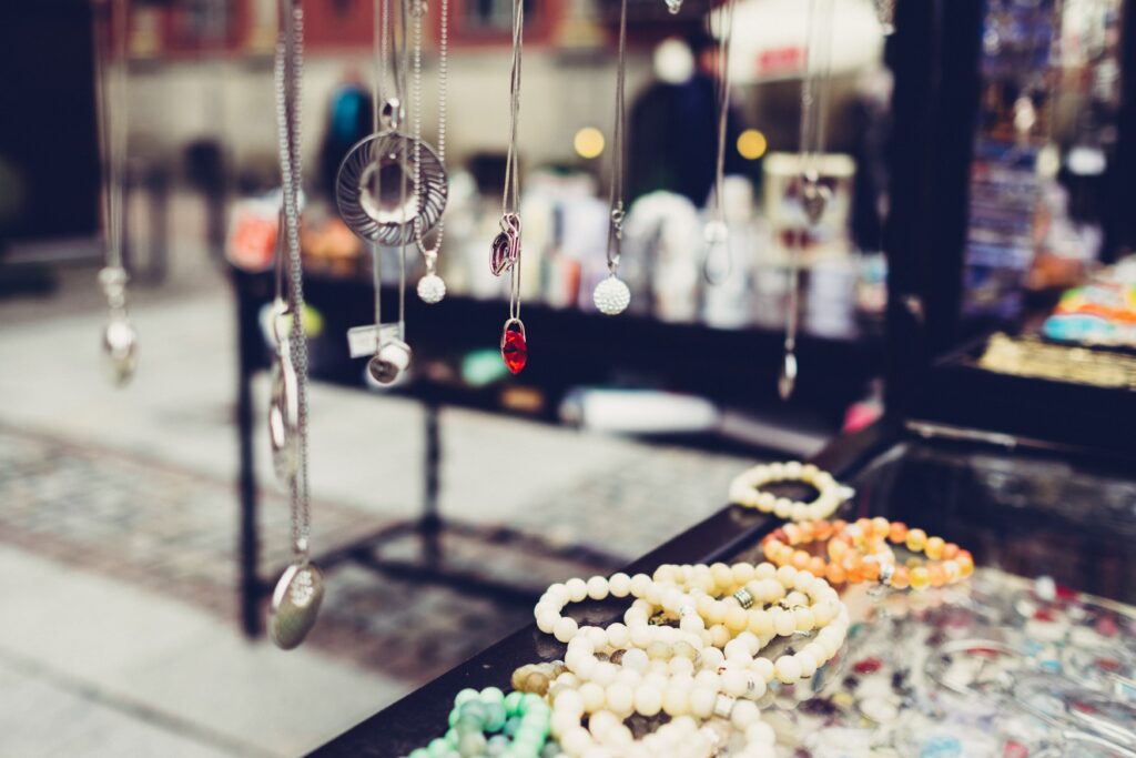 pendants and necklaces displayed in a jewellery counter